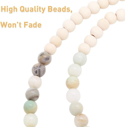 C&L Accessories Lanyards for ID Badges, Beaded Wooden Natural Stone Lanyard for Keys and Eyeglasses Chains (Amazonite