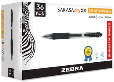 Zebra Pen Sarasa Dry X20 Retractable Gel Pen, Medium Point, 0.7mm, Black Ink, 36-Pack