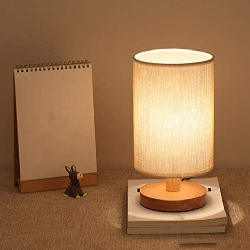 Senmubery Round Bedside Table Lamp Nightstand Lamp with Fabric Shade and Solid Wood for Bedroom, Living Room Modern