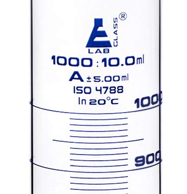 EISCO Graduated Cylinder, 1000ml - Class A Tolerance, Round Base, Blue Graduations, Borosilicate Glass