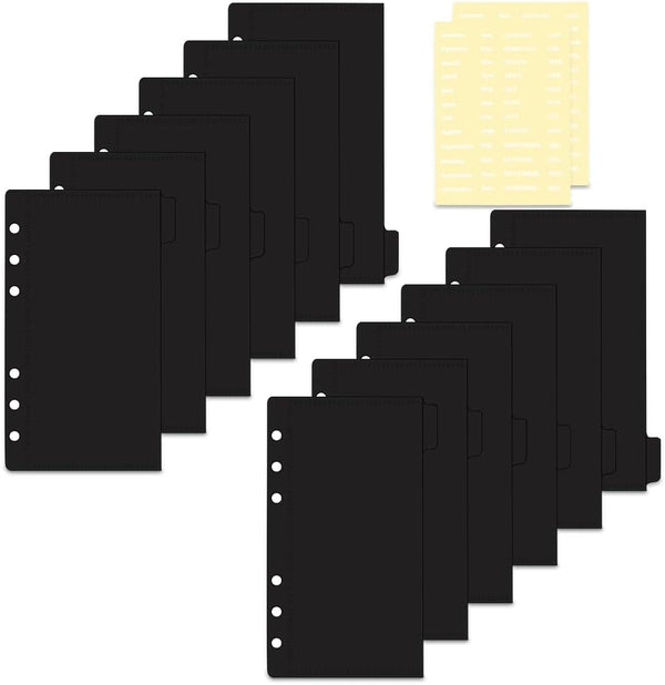 Black A6 Cash Envelopes, 12pcs Zippless Budget Binder Pocket with Index Divider and 2pcs Tabs Stickers for Cash Stuffing