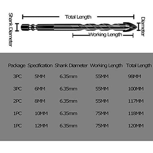 10 Pieces Masonry Drill Bit Set, Concrete, Ceramic, Carbide for Tile, Plastic, Wall, Brick, Cement, Wood