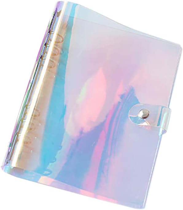Clear Rainbow 6-Ring PVC Binder Cover, 2 Pcs, Holographic Notebook Protector with Button Closure