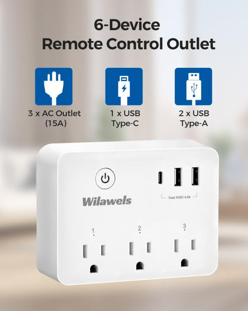 Wireless Remote Control Outlet, Multi-Plug Outlet with 3 Outlets and 3 USB Ports, 100FT RF Range, Programmable