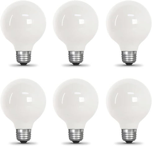 Xtricity G25 Globe Light Bulb, Indoor Bathroom Vanity or Makeup Mirror, Dimmable, Frosted White Glass, 5W, 6 Pack