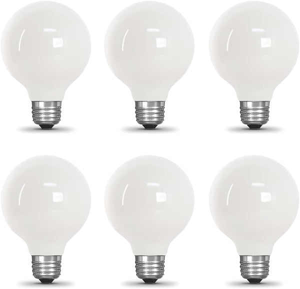 Xtricity G25 Globe Light Bulb, Indoor Bathroom Vanity or Makeup Mirror, Dimmable, Frosted White Glass, 5W, 6 Pack