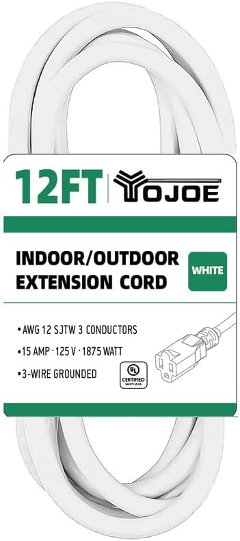 YOJOE 12/3 12 ft White Outdoor Extension Cord - 12 Gauge Heavy Duty SJTW 3 Prong Waterproof for Gardening