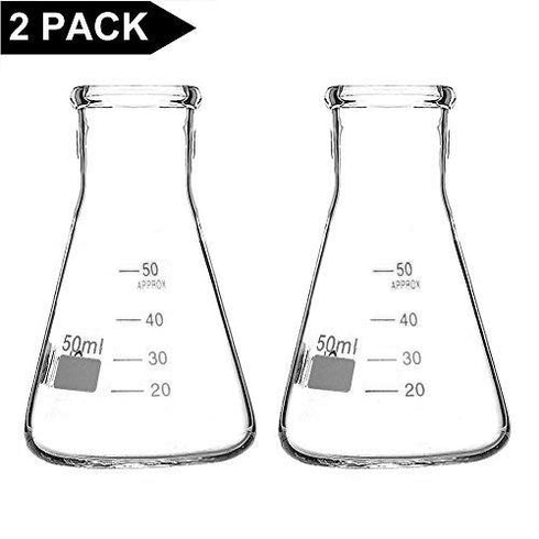 StonyLab 2-Pack Glass 50ml Heavy Wall Erlenmeyer Flasks - Narrow Mouth with Heavy Duty Rim