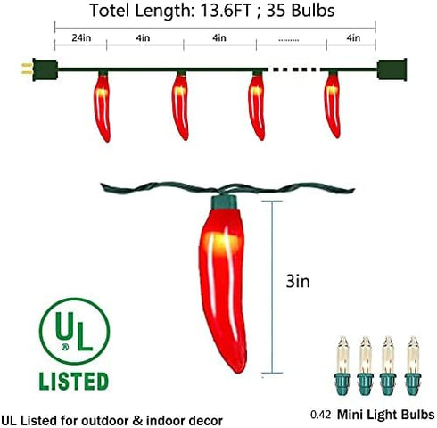 13.6Ft 35 Chili Pepper String Lights Plug in, LED Red Chili Pepper Christmas Lights, Connectable Chili Lights UL Listed
