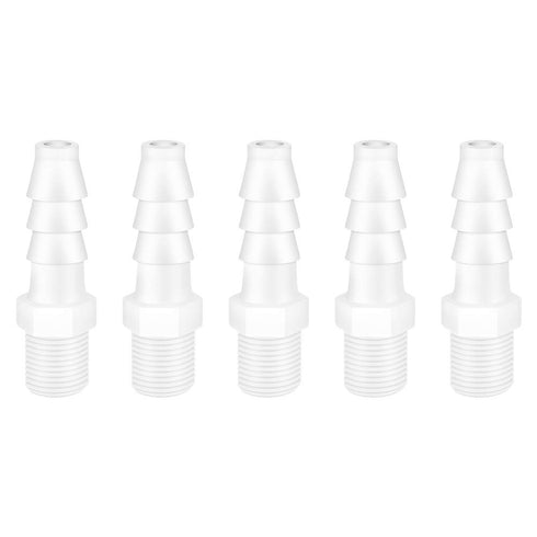 Quickun Plastic Hose Barb Fitting, 3/8" Barb to 1/4" Male Thread Adapter Union Fitting (Pack of 5), White