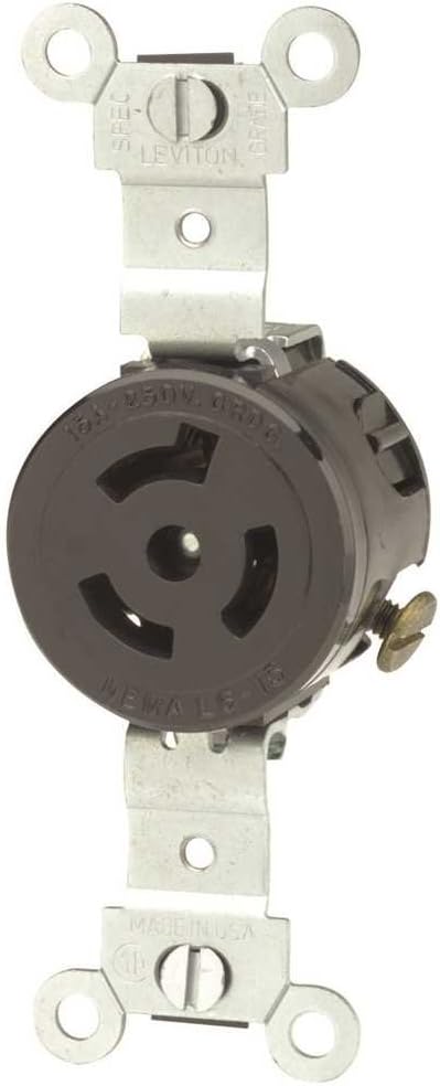 Leviton 4560 15 Amp, 250 Volt, NEMA L6-15R, 2P, 3W, Single Locking Receptacle, Industrial Grade, Grounding, Black