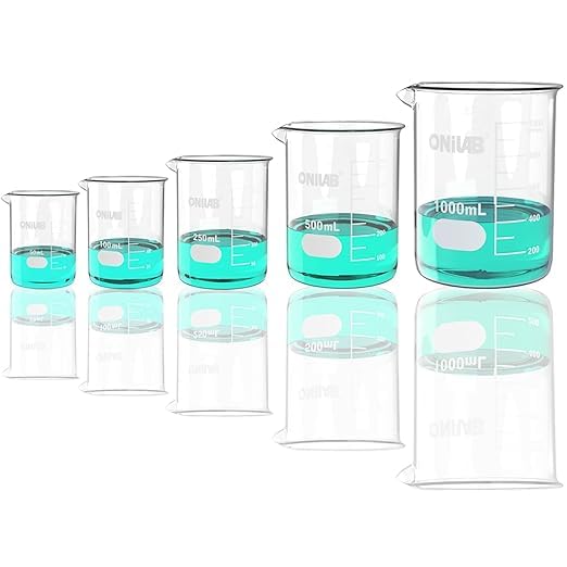 ONiLAB Glass Measuring Beaker Set, 50ml 100ml 250ml 500ml 1000ml (Pack of 5), 3.3 Boro Griffin Low Form with Printed