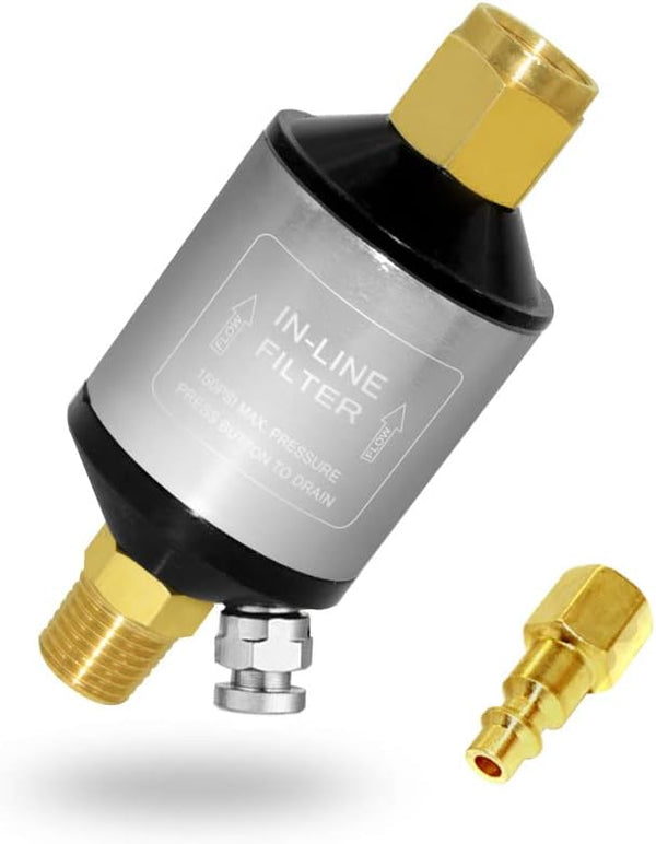 Beduan Water Oil Separator Filter for Air Compressor, 1/4 inch NPT Male and Female Thread, Silver