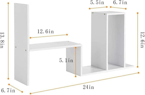 Small Wood Adjustable Desktop Bookshelf, Expandable Storage Organizer for Office Supplies, White