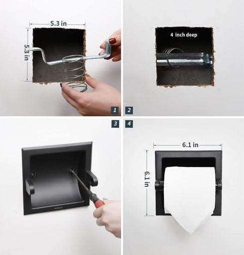 Set Modern Matte Black Recessed Toilet Paper Towel Holder Durable Metal Wall Mount for Space Saving Bathroom Design