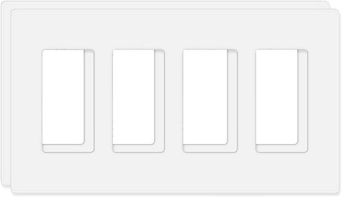 Screwless Decorator Wall Plates, 4-Gang Electrical Cover Plate, Unbreakable Thermoplastic, White (2 Pack)
