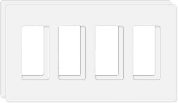 Screwless Decorator Wall Plates, 4-Gang Electrical Cover Plate, Unbreakable Thermoplastic, White (2 Pack)