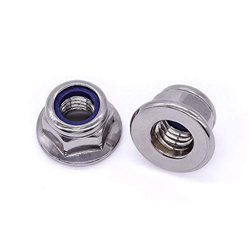 M8 x 1.25mm Flange Washer Nylon Insert Hex Locknuts - 10 PCS, 304 Stainless Steel 18-8, Bright Finish