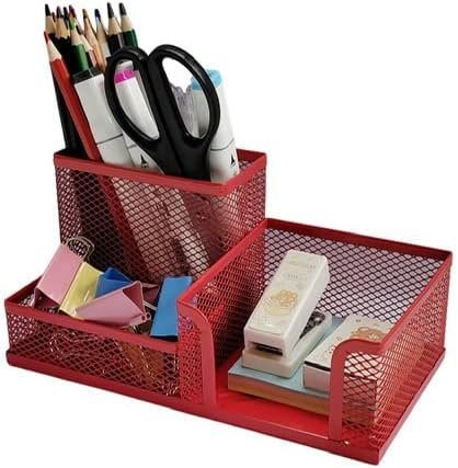 ROSE RED Metal Mesh Desk Organizer, 3 Compartment Pencil Holder for Office Supplies