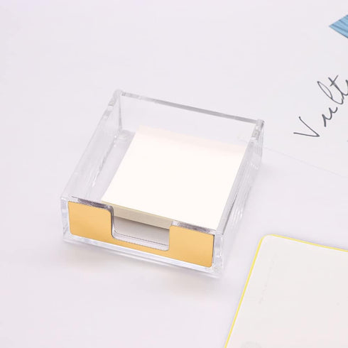 Clear Acrylic Body Bright Yellow Gold Tone Sticky Memo Pad Holder and Pen Holder Set for Office School Home Desk