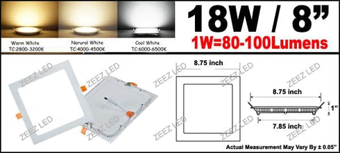 8 Inch 8.75" 7.85"), 18W Dimmable ZEEZ LED Recessed Lighting (OD / ID Square Ceiling Down Light Fixture, Canless