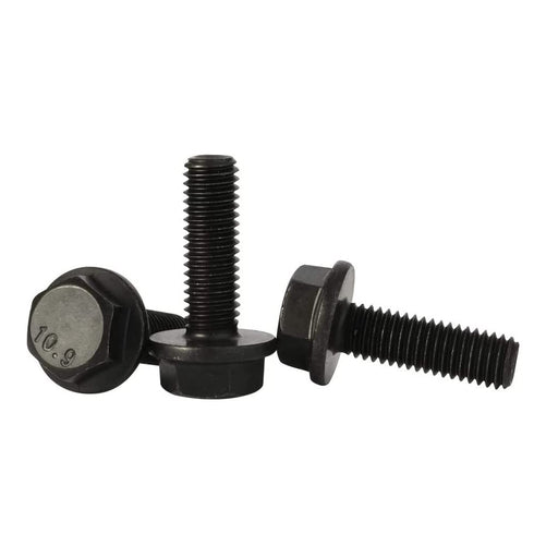 M6 x 20mm Flanged Hex Head Bolts, Full Thread Alloy Steel Screws, Black Oxide Finish, Quantity 25