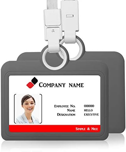 Badge Holder Silicone Horizontal ID Badge Card Holder with Lanyard Neck Strap, Heavy Duty for Offices Supplies (Grey)