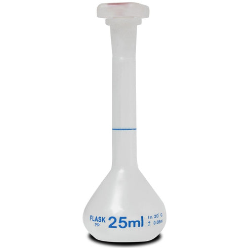 25ml Volumetric Flask with Plug Cap, Polypropylene, Graduated, Marking Spot, Karter Scientific 229U4 (Single)