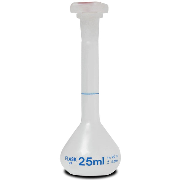 25ml Volumetric Flask with Plug Cap, Polypropylene, Graduated, Marking Spot, Karter Scientific 229U4 (Single)