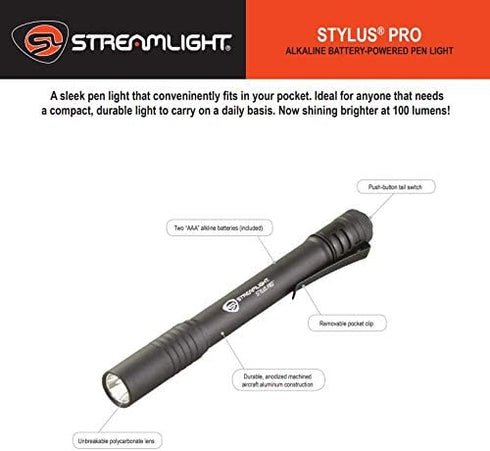 Streamlight 66118 100-Lumen 2 Stylus Pro Penlight with AAA Alkaline Batteries, Black
