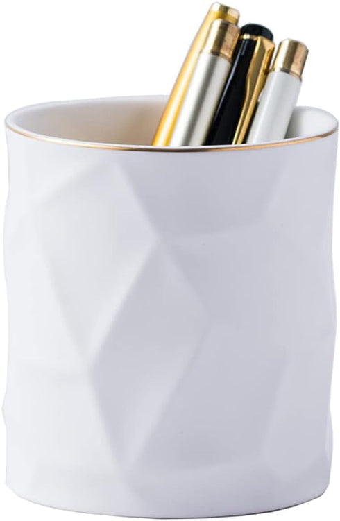 Ceramic Irregular Round Pen Holder For Desk Cute Stand Gold Line Pencil Cup Pot Desk Organizer for Girls Makeup Brush Holder (White) by YOSCO