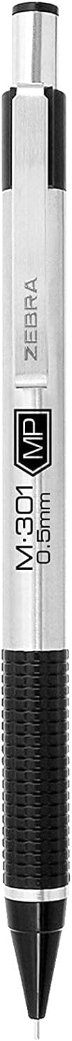 Zebra M-301 Stainless Steel Mechanical Pencil 0.5 mm Point Size, 6 Pack with 15 Bonus Erasers Refills - Standard HB Lead - Professional Black Grip by Zebra