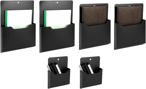 QWORK Multi-Sized Magnetic File Holder Set - 6 Pack Black Polypropylene Organizers with Magnetic Back for Home and