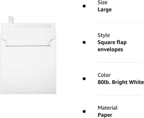 LUXPaper Square Invitation Envelopes | 50 Qty | Peel & Press | 5 1/2" x 5 1/2" | Bright White | 80lb. Text
