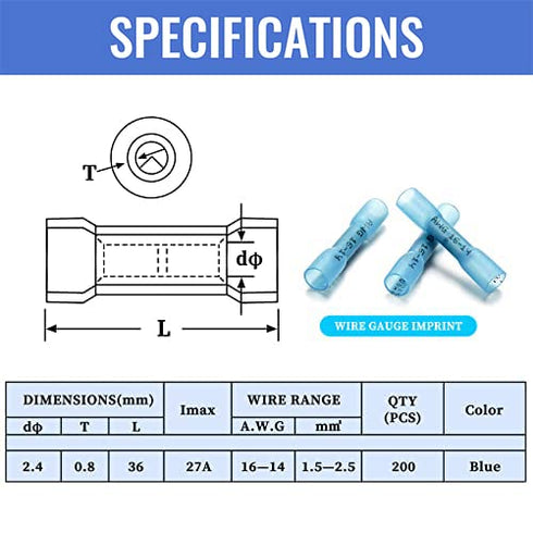 Qibaok 200 PCS Heat Shrink Butt Connectors, Waterproof Insulated Electrical Wire Crimp Connectors for Automotive