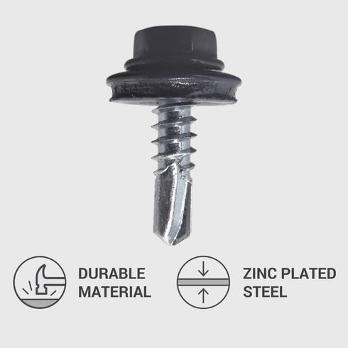 (Pack of 25) Metal Roofing Screws 3/16"" x 3/4"" (4.8 x 19 mm) Self-Drilling Screws with EPDM Washers, Anthracite Grey