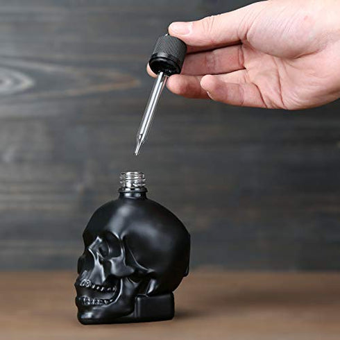 Tvoip Glass Dropper Bottle 2OZ/60ML Skull Shape Bottle for Halloween, E Liquid, Essential Oil with Pipette