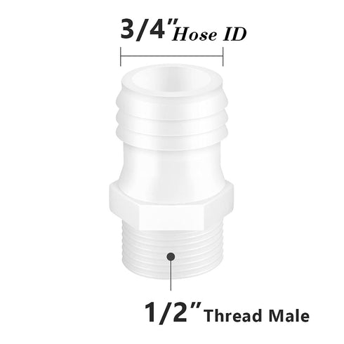 Quickun 3/4" Barb to 1/2" Male Thread Plastic Hose Barb Fitting, White Adapter Union Fitting (Pack of 5)