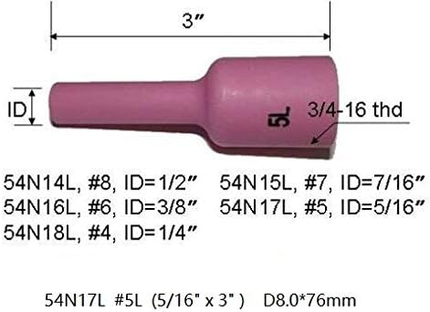 RIVERWELD TIG Gas Lens Ceramic Cup Long Size Kit 54N18L (4L 1/4") 54N17L (#5L 5/16") 54N16L (#6L 3/8") 54N15L (#7L