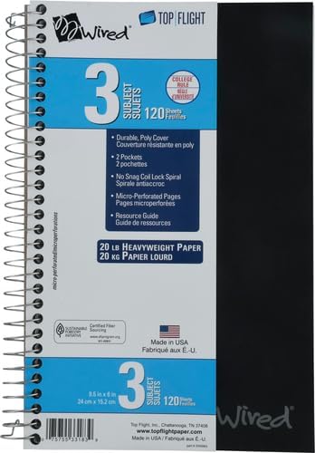 Top Flight Wired 3-Subject Notebook, 120 Sheet