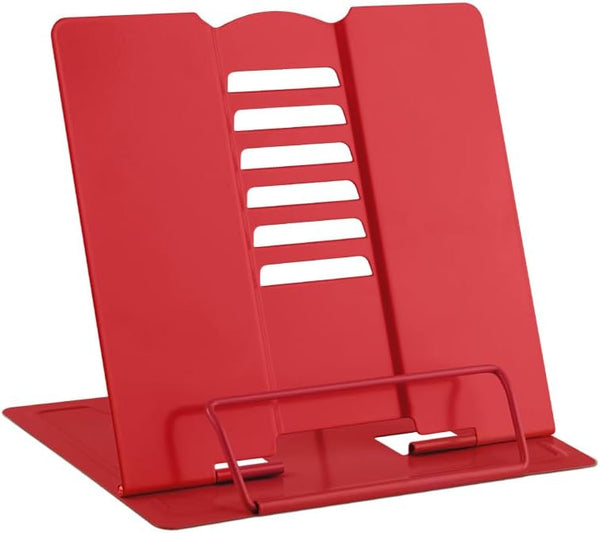 MSDADA Small Desk Book Stand: Adjustable Metal Cookbook Holder for Recipes and Textbooks (Red)