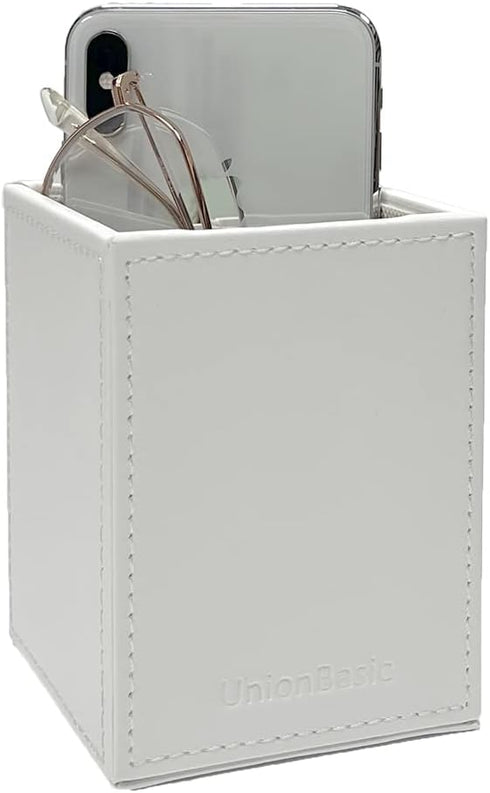 UnionBasic Square Pen Holder, White Leather Pencil Cup, Desktop Caddy Stationery Organizer