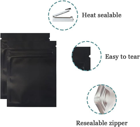 FERENLI 100 Pcs Mylar Zipper Lock Food Storage Bag, Matte Aluminum Foil Airtight Bag with Front Window (8.5x13cm, Black)