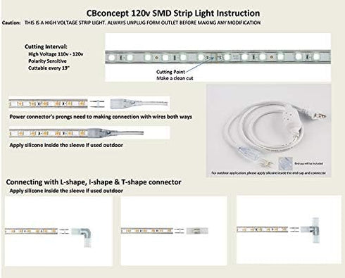 20 2100 6000K Dimmable, 110-120V 360 3528 CBConcept UL Listed, Feet, Lumen, Pure White, AC Flexible Flat LED Strip Rope