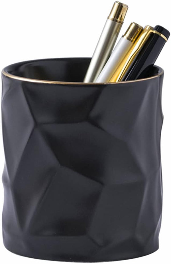 Ceramic Irregular Round Pen Holder for Desk, Cute Stand Gold Line Pencil Cup Pot Organizer for Girls Makeup