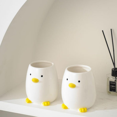 Ceramic Round Pen Holder - Cute Cartoon Animal Stand, Desk Organizer (Gray White)