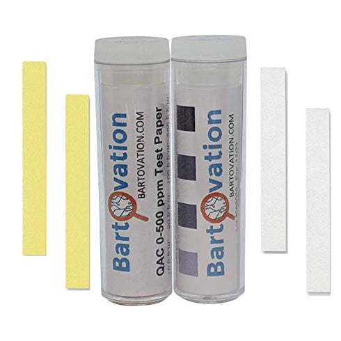 Restaurant Sanitizer Test Kit for QAC Quaternary Ammonium, 0-500 ppm Quat & Chlorine, 2 Vials of 100 Strips