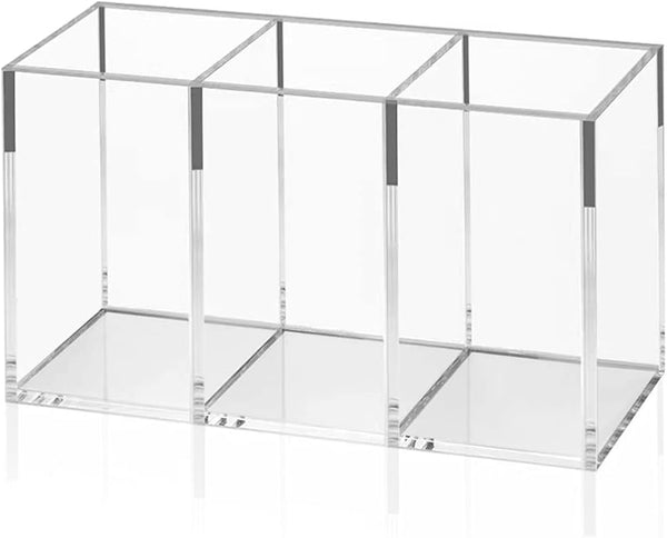 NIUBEE Acrylic Pen Holder, 3 Compartments Clear Pencil Organizer Cup for Desk Accessory Storage