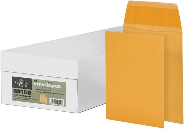 Quality Park Coin and Small Parts Envelope, Gummed Seal, 24 lb Brown Kraft, 2-1/4 x 3-1/2 Inches, 500 Box