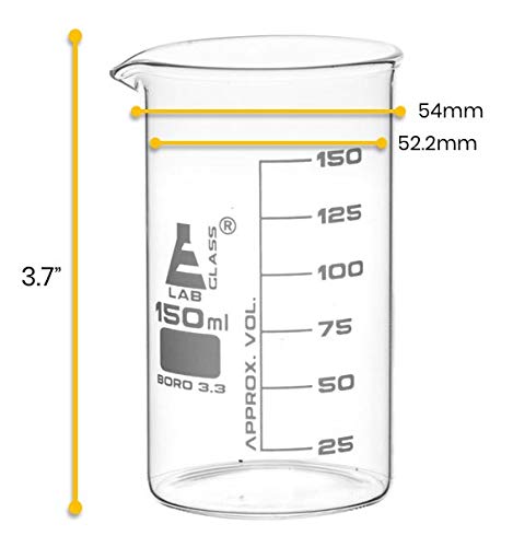 EISCO Beaker, 150ml - Tall Form with Spout - White, 25ml Graduations - Borosilicate 3.3 Glass